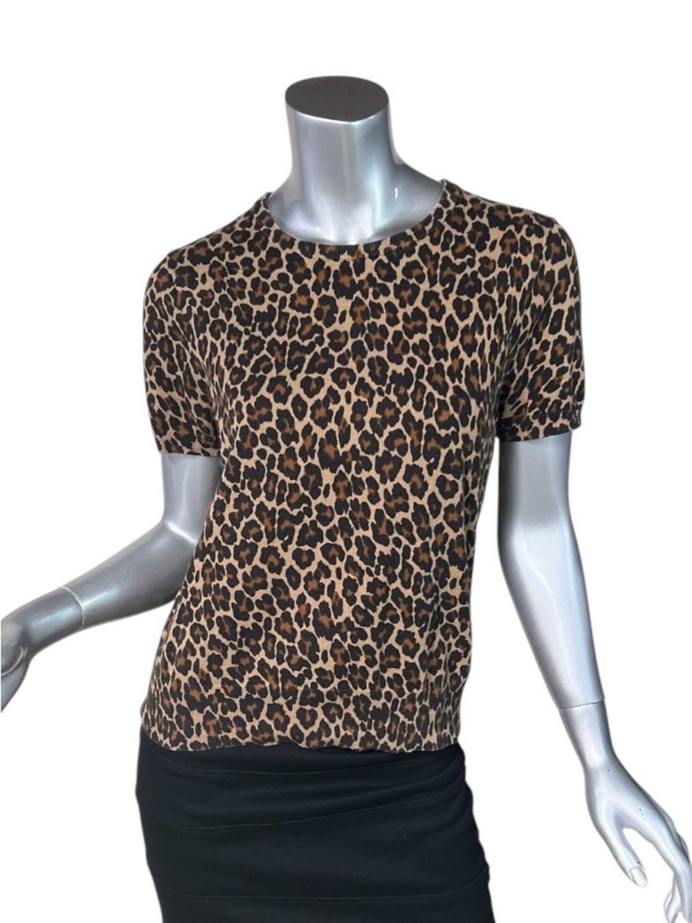 Lands End Crew Neck Short Sleeve Thin Knit Leopard Sweater Supima Cotton MP